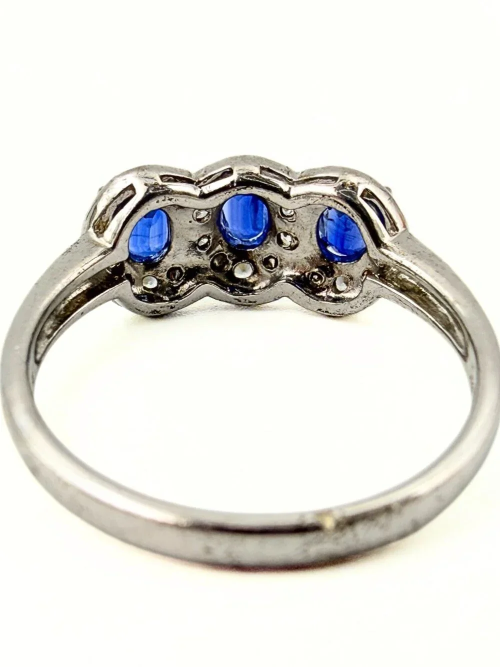 Contemporary Marked Sterling Silver Blue Topaz CZ Trilogy Halo Ring Sz 10.75